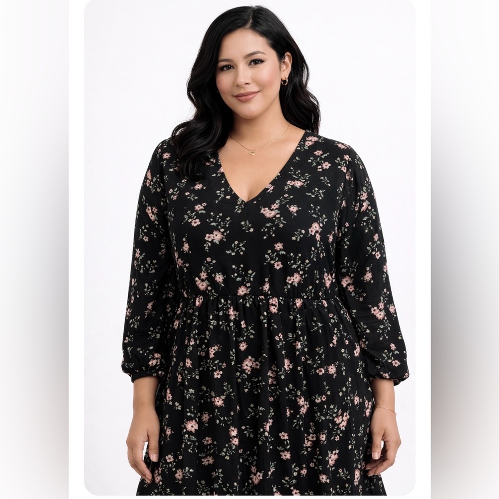 Chic Black Floral Long Sleeve Dress